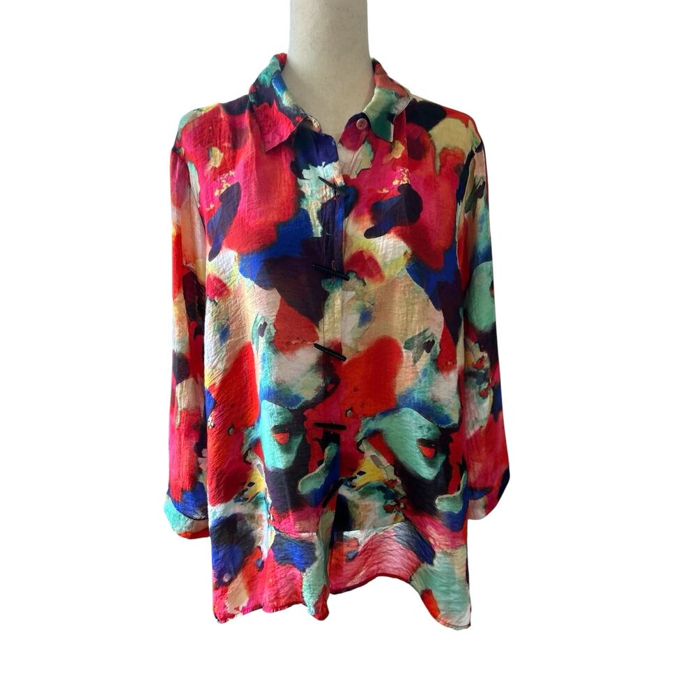 Ali Miles Top Multicolor Tunic Abstract Toggle Button Size 2X Lagenlook Artsy